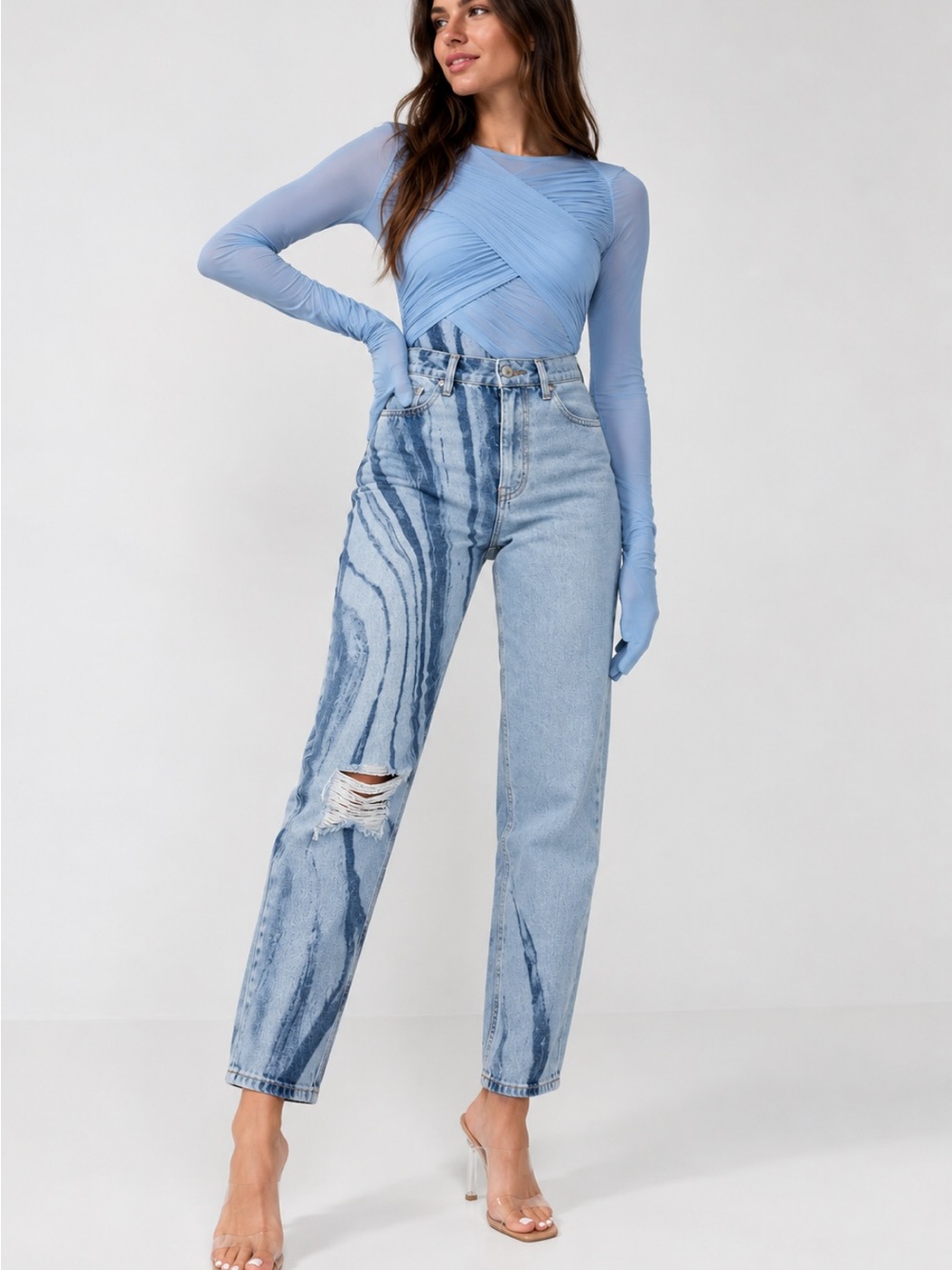 Maniere De Voir Marble Print Distressed Mom Jeans Size 6 100% Cotton